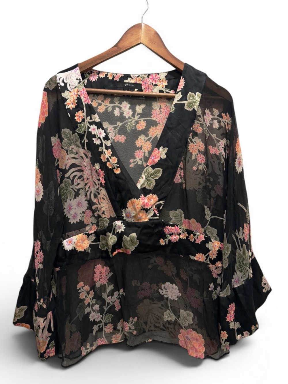 Floral Sheer Kimono Sleeve Blouse Boho Romantic V-Neck Top Size 16 Botanical